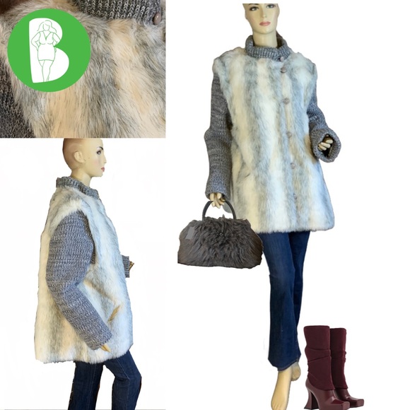 VINTAGE 1980’S CHEYENNE BY HILLMOOR GRAY & WHITE FAUX FUR & KNIT COAT (XL) - Picture 1 of 14
